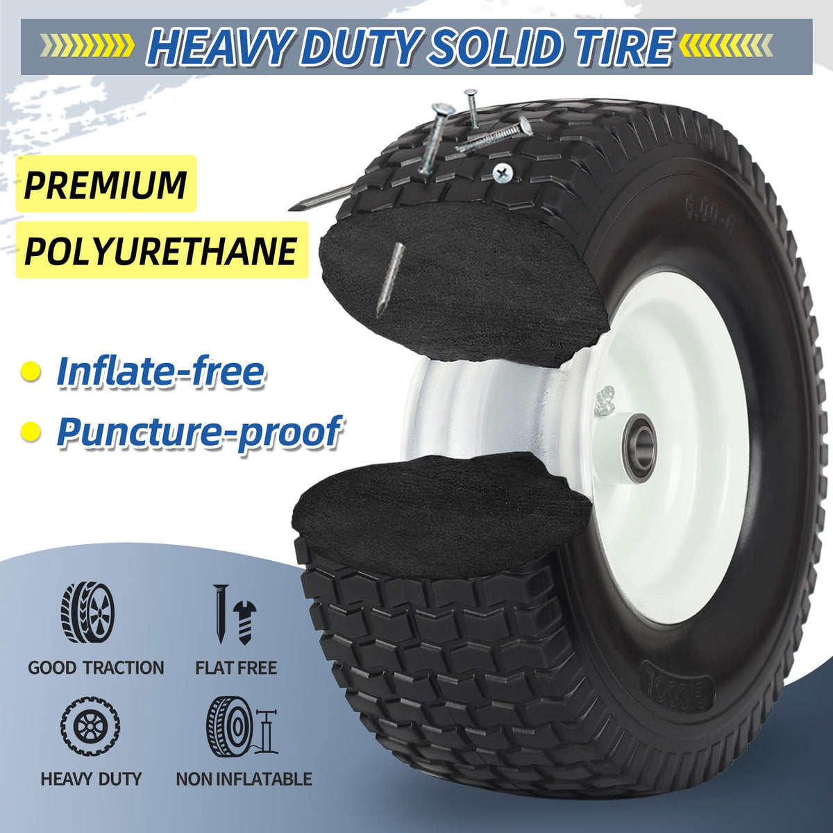 15x6.00-6 Flat Free Lawn Mower Tire and Wheel, 2 Pack N5140