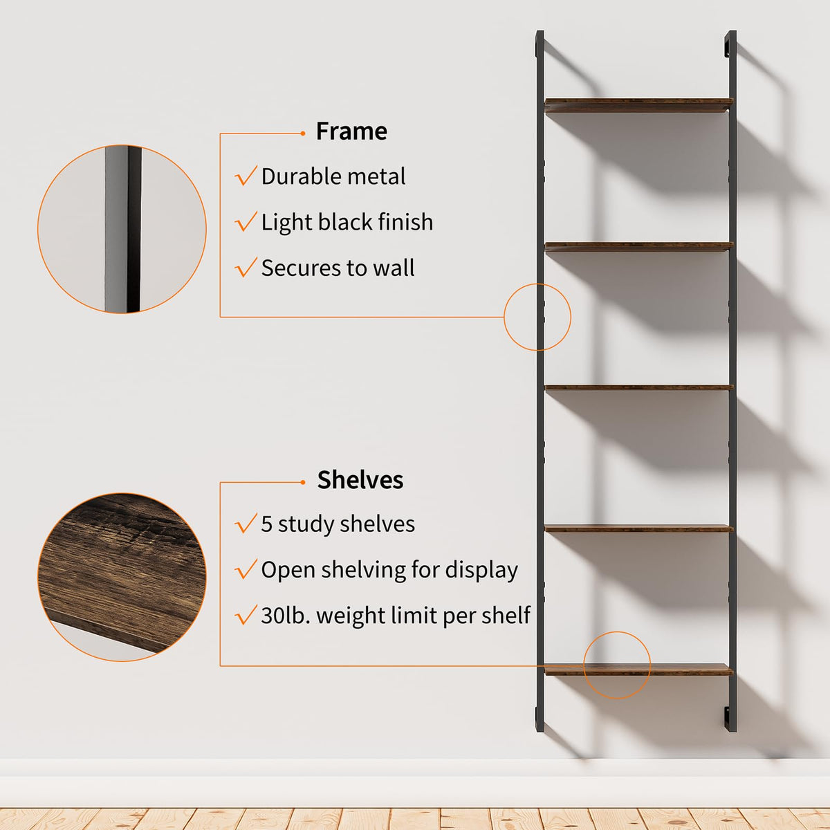 5 Tier Wall Mounted Bookshelf H131