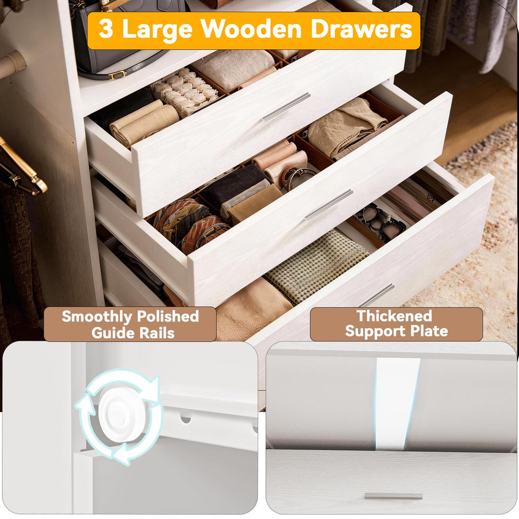 Wooden 11FT Closet Organizer with 3 Drawers and 4 Hanging Rods White Z9653
