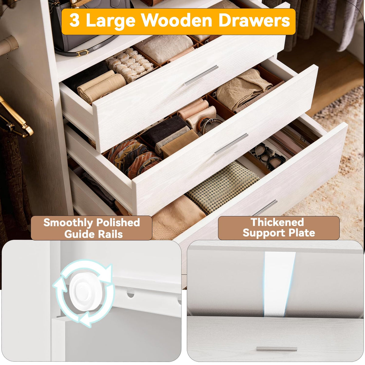 Wooden 11FT Closet Organizer with 3 Drawers and 4 Hanging Rods White Z9653