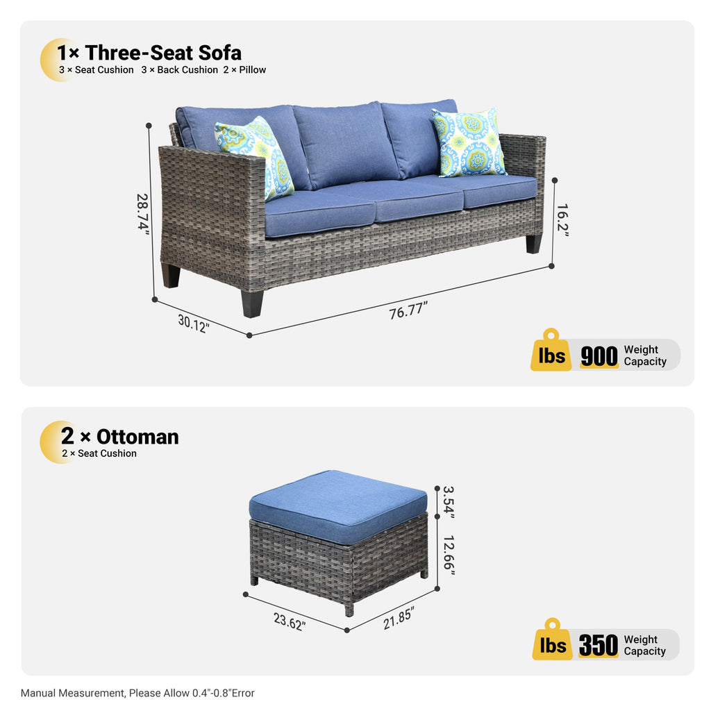 3 Pieces Wicker Patio Sofa Set with Ottomans Denim Blue F963248
