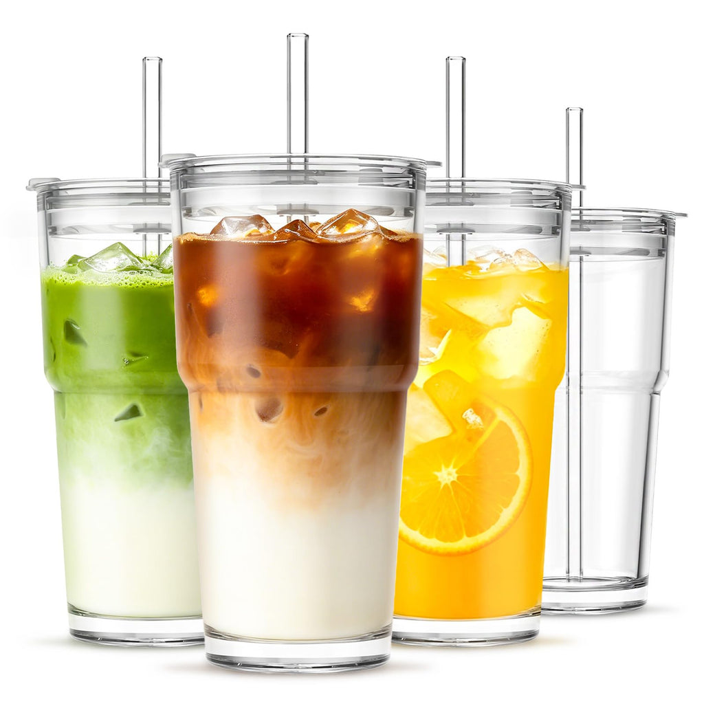 20 oz Iced Coffee Cups with Lids and Straw, Set of 4 Glass Tumbler P483596