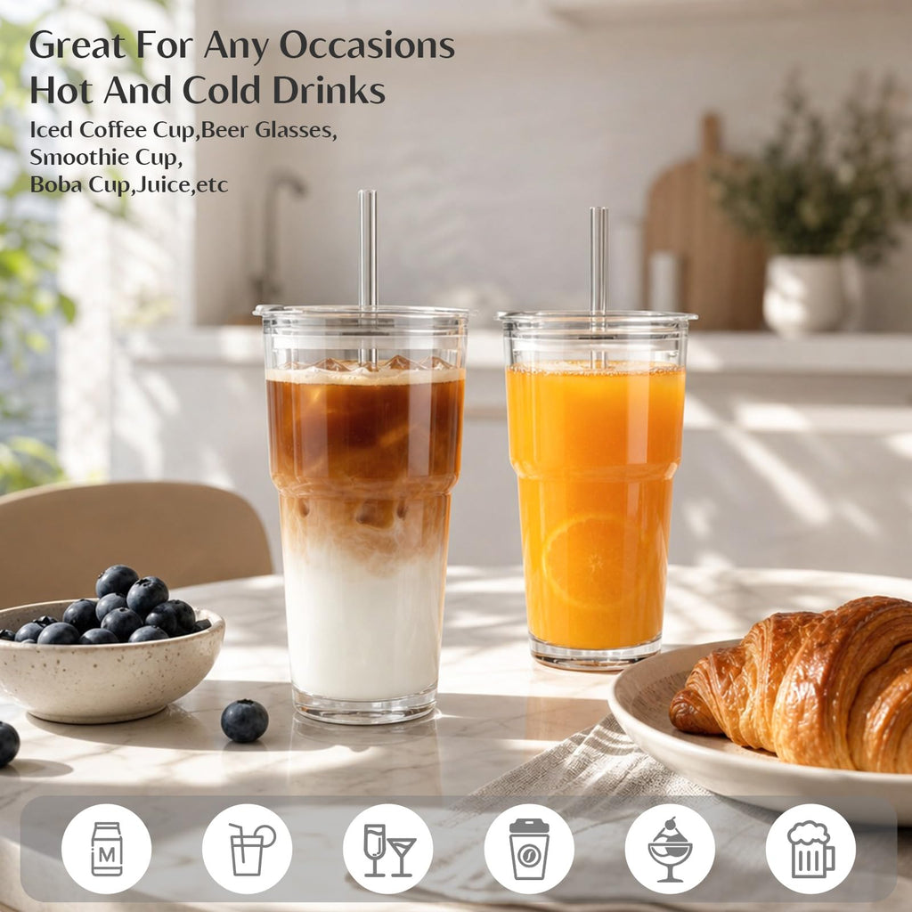 20 oz Iced Coffee Cups with Lids and Straw, Set of 4 Glass Tumbler P483596