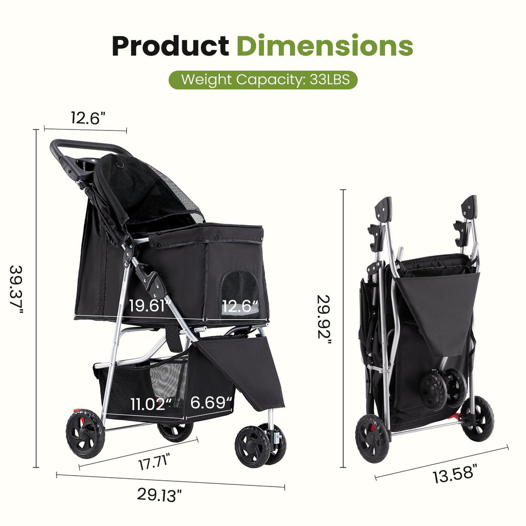 3 Wheels Pet Stroller with Storage Basket and Cup Holder, Black O89988