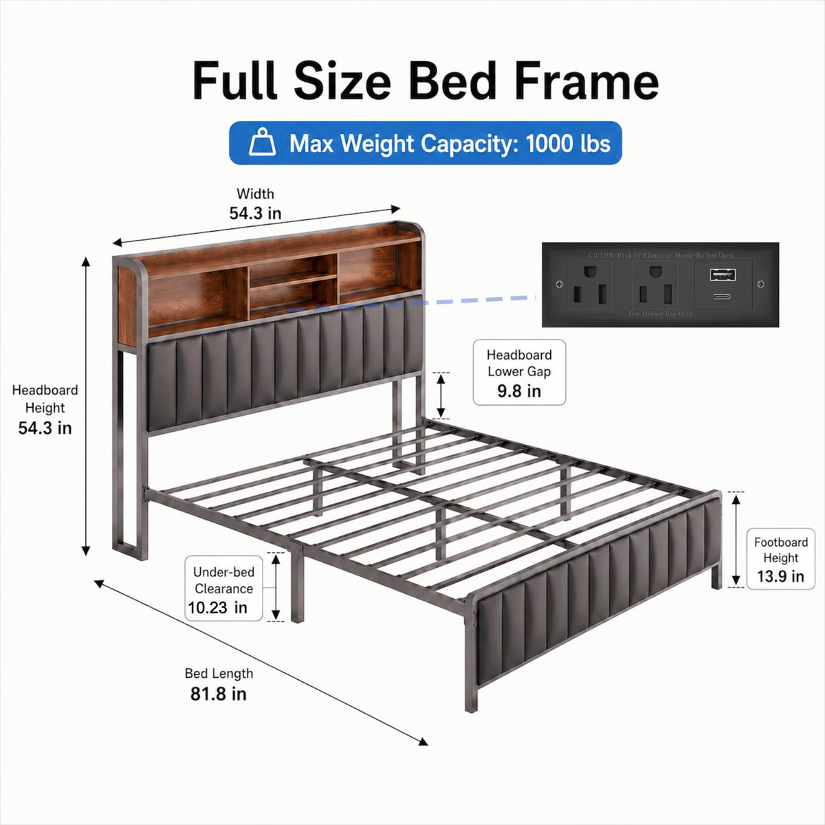 Black Full Size Bed Frame with Storage Headboard O518
