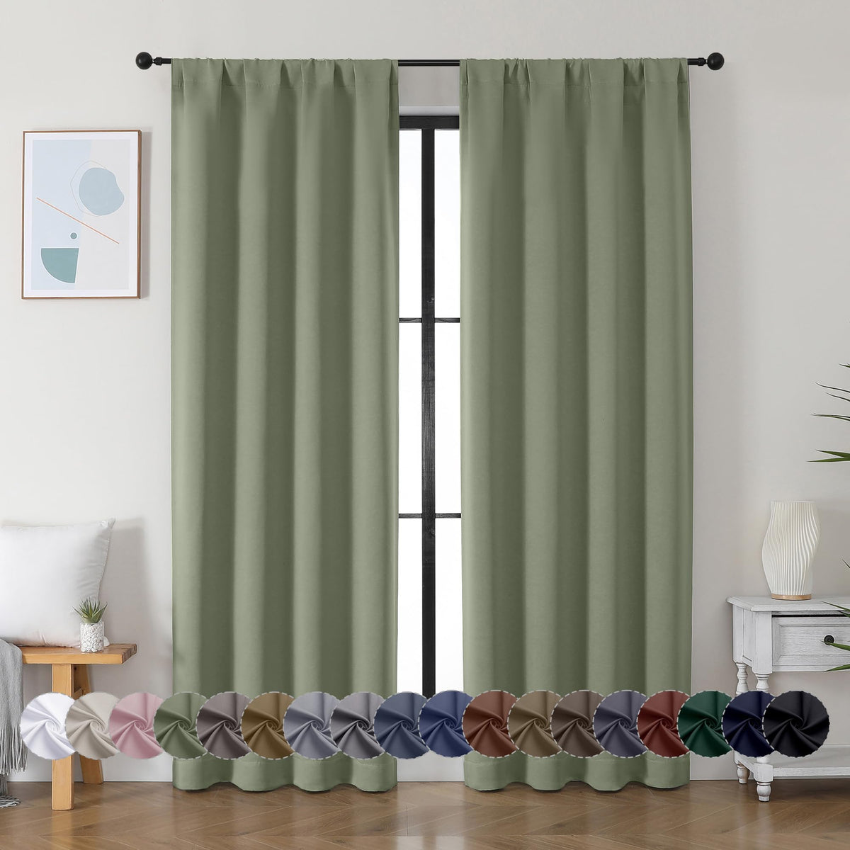 Sage Green Blackout Curtains, 72 Inch, 2 Panels Set Y73672