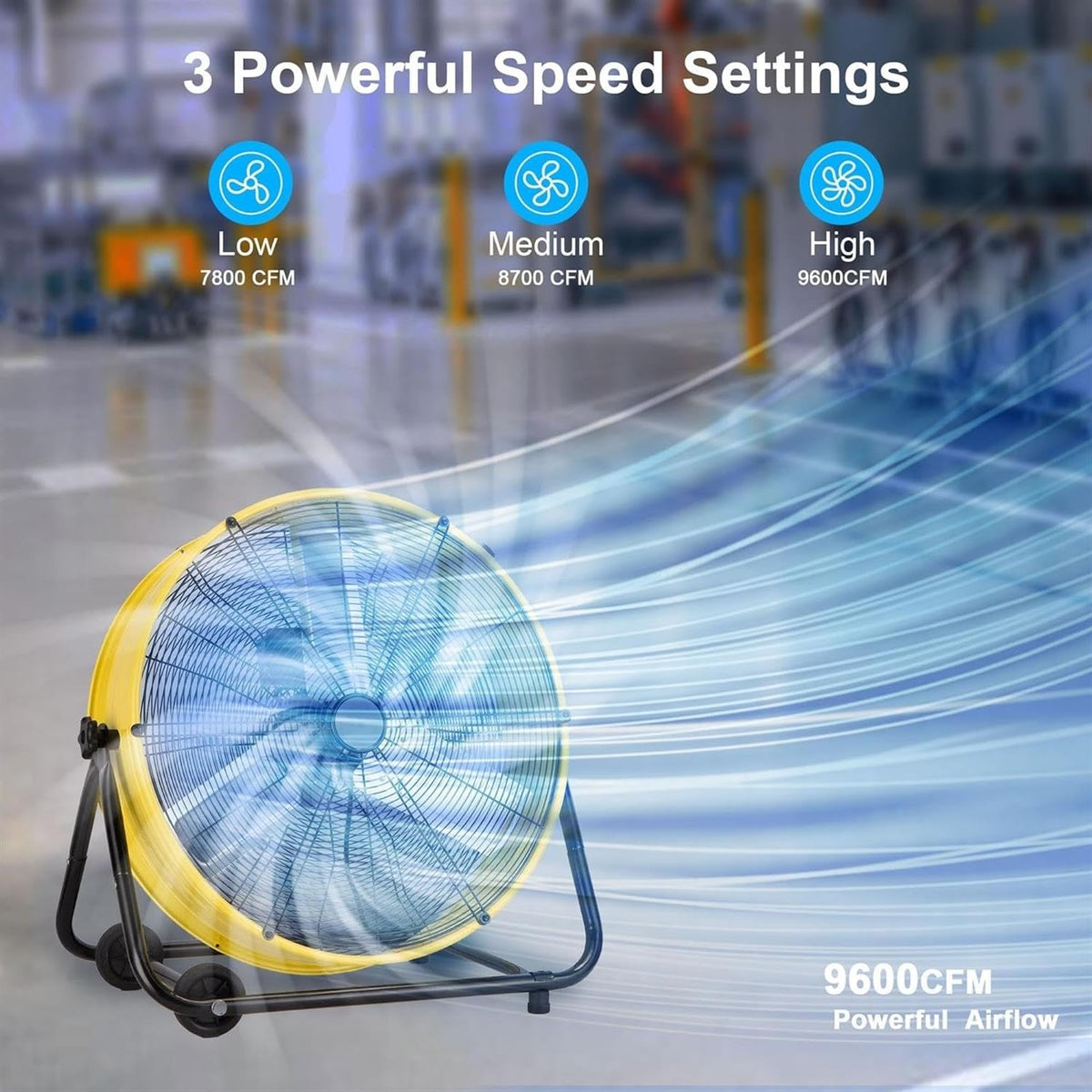 Heavy Duty Floor Drum Fan 3-Speed 360° Tilt Metal W6378