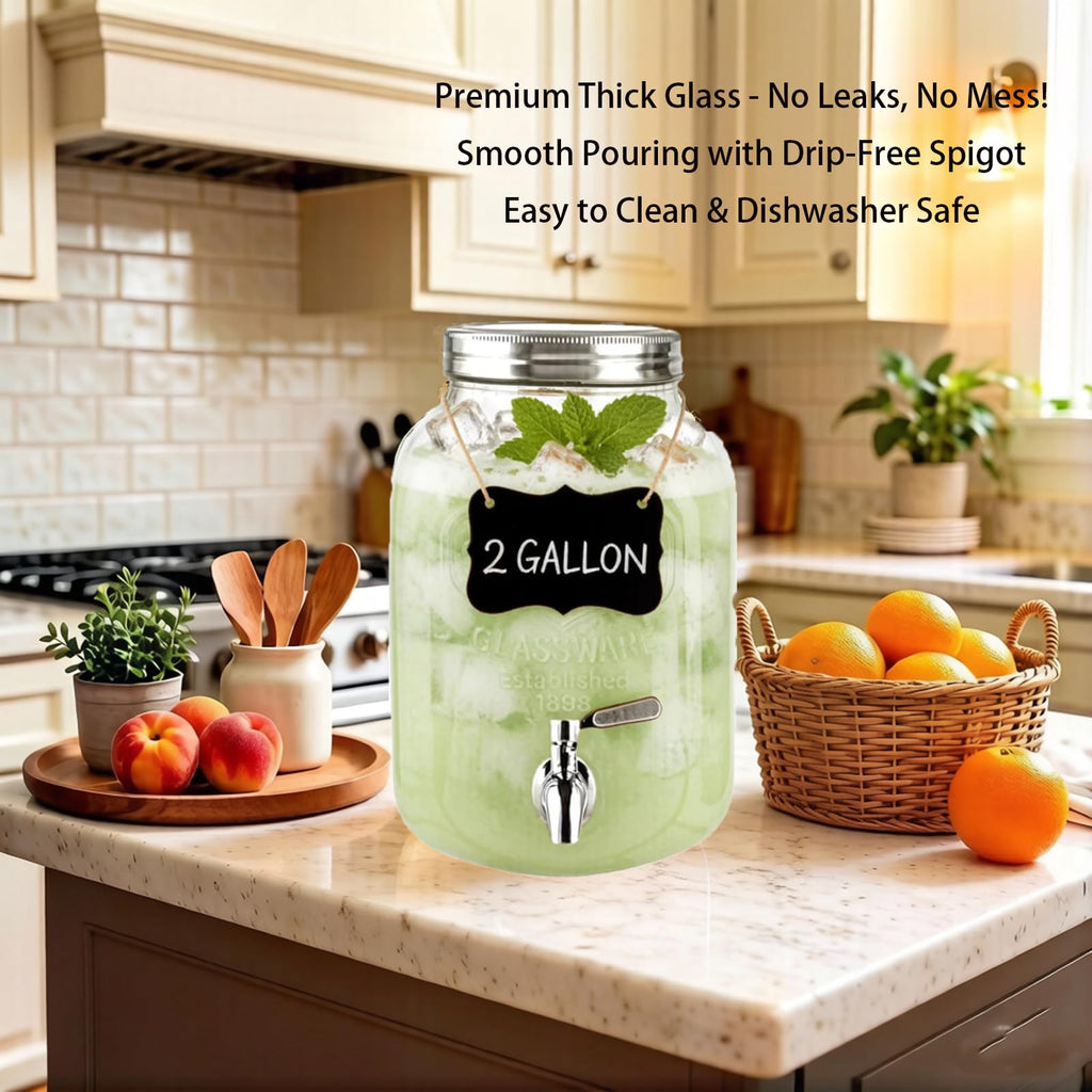 2 Gallon Glass Beverage Dispenser with Stand, Lid & Ice Core I875