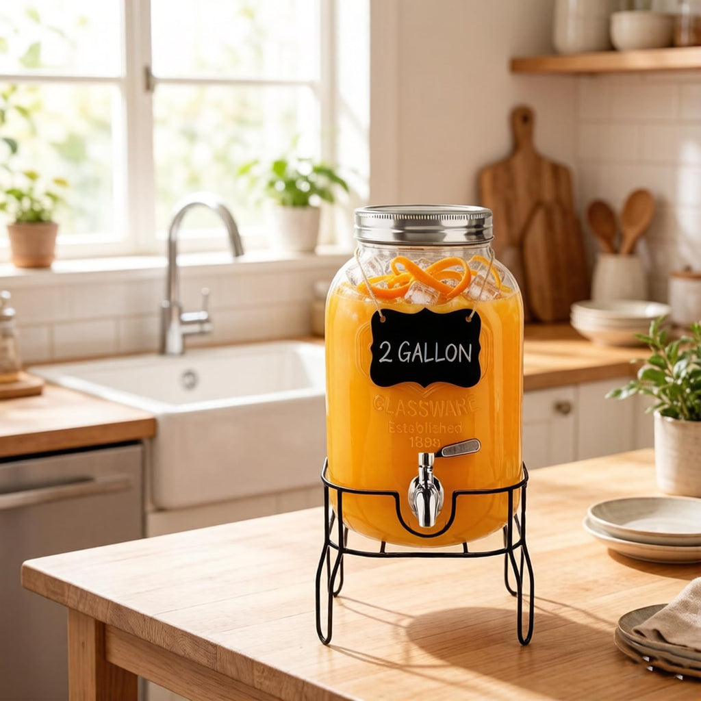 2 Gallon Glass Beverage Dispenser with Stand, Lid & Ice Core I875