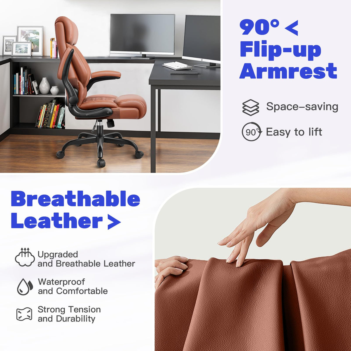 High Back Ergonomic Leather Office Chair with Flip-Up Armrests I976535