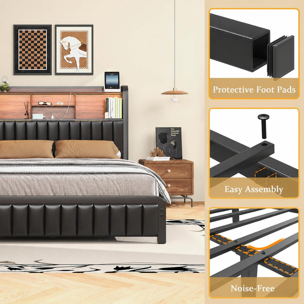 Black Full Size Bed Frame with Storage Headboard O518