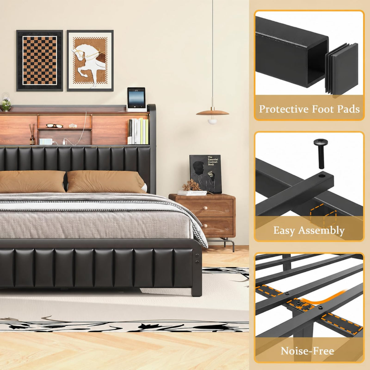 Black Full Size Bed Frame with Storage Headboard O518