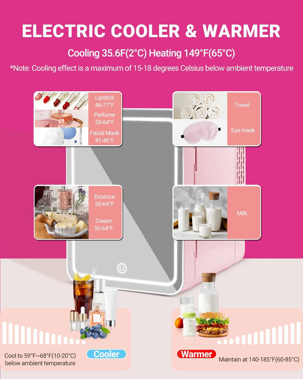 4-Liter Pink Portable Mini Fridge with Mirrored Door Y671