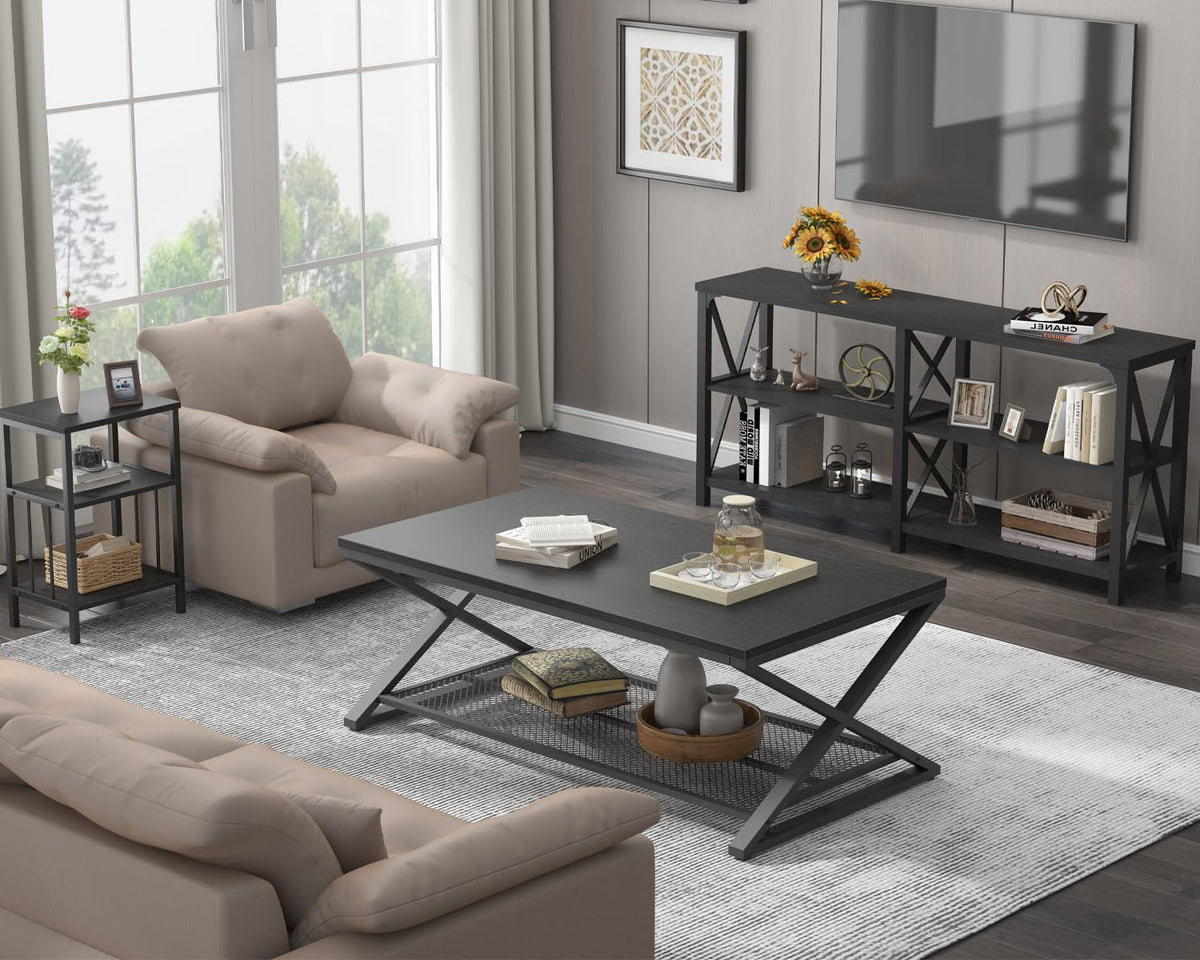 Black 2 Tier Wood Coffee Table with Storage F389865