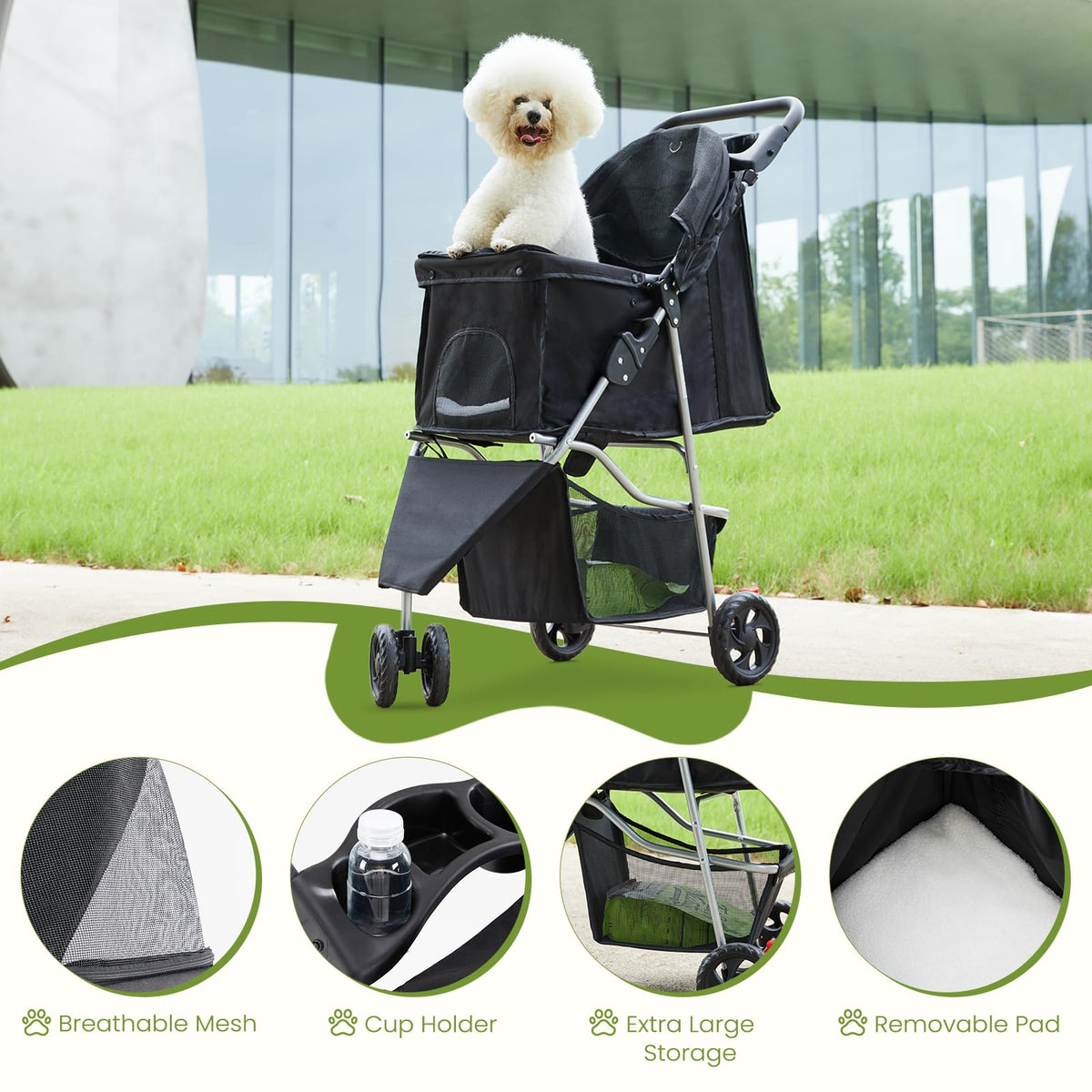 3 Wheels Pet Stroller with Storage Basket and Cup Holder, Black O89988