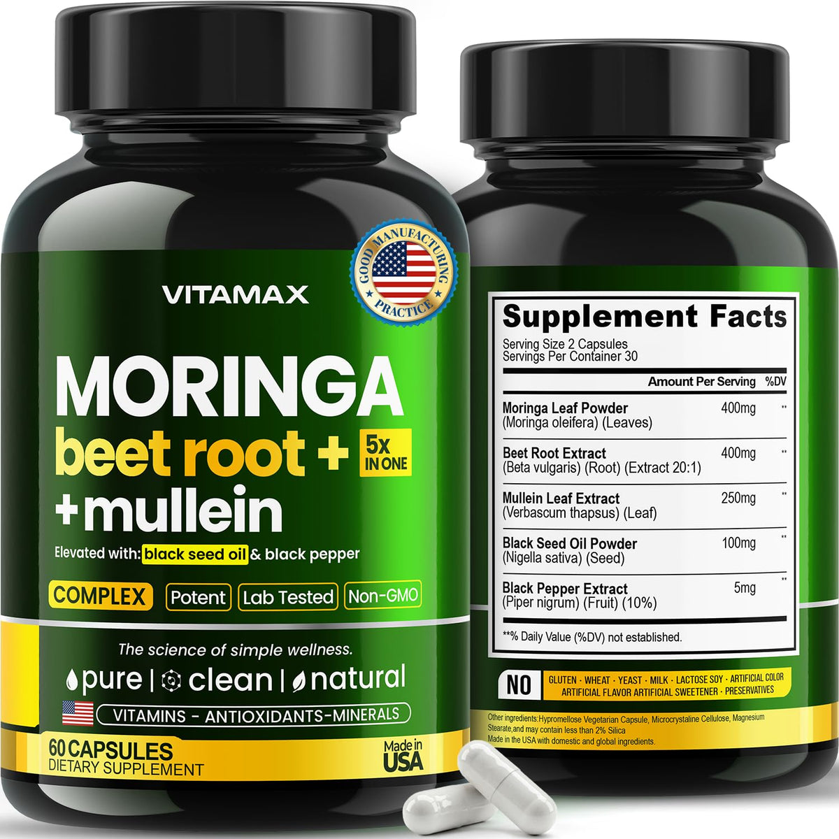 Moringa Beet Root Mullein Leaf Capsules D5625