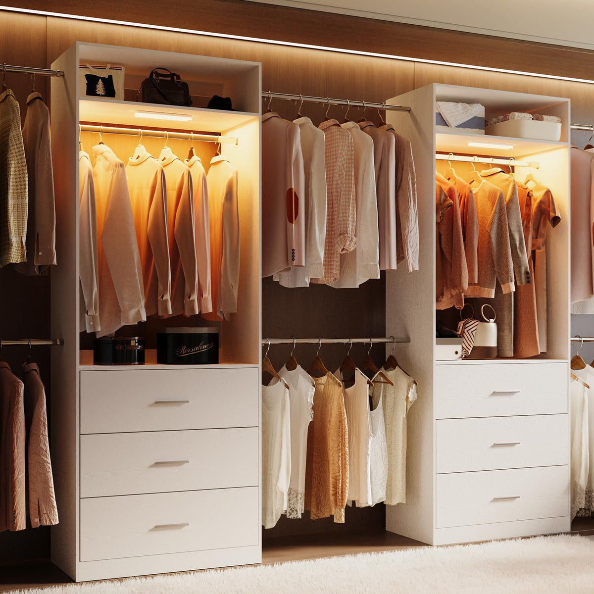 Wooden 11FT Closet Organizer with 3 Drawers and 4 Hanging Rods White Z9653