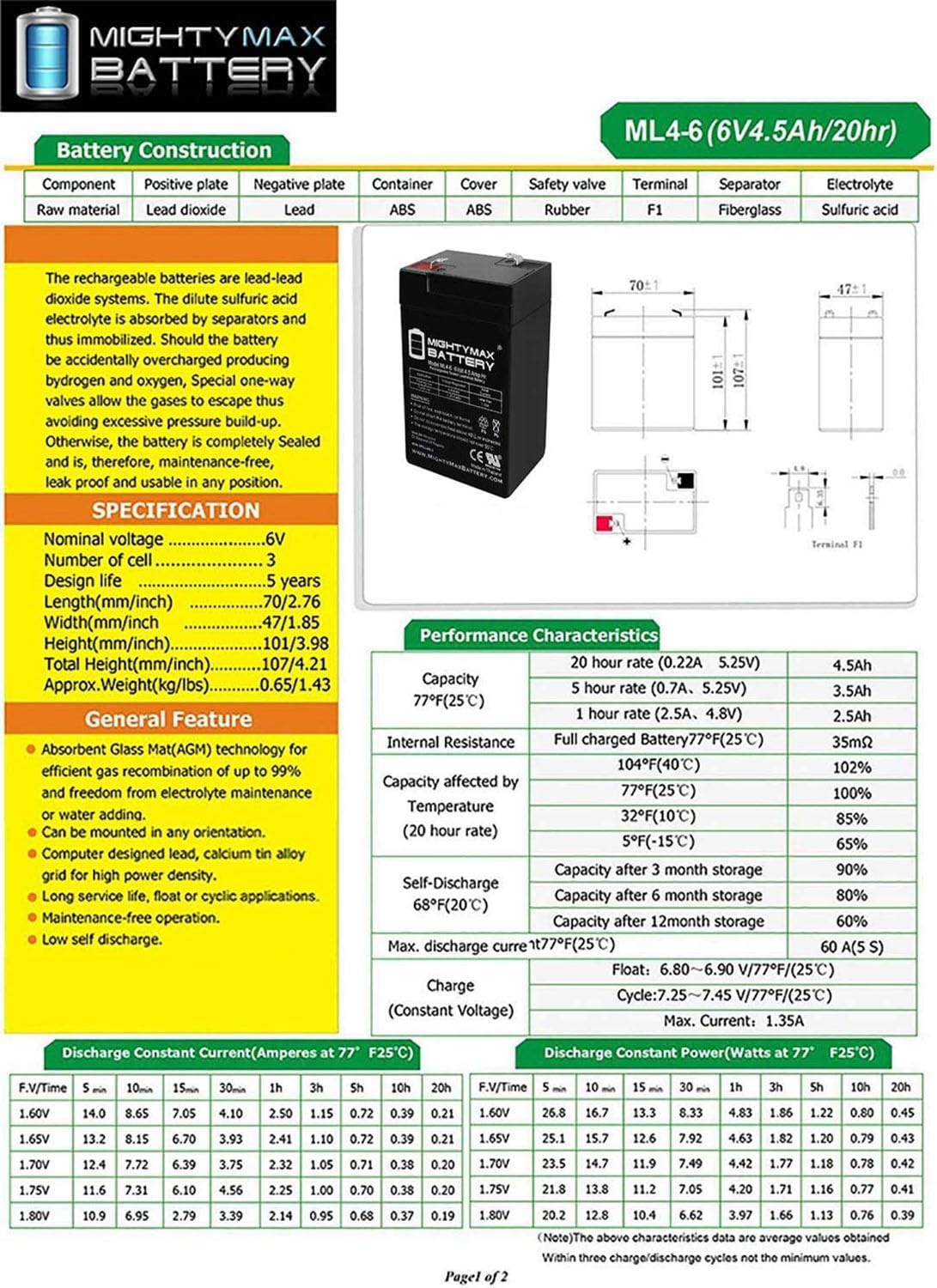 6V 4.5AH SLA Replacement Battery 2 Pack N1376