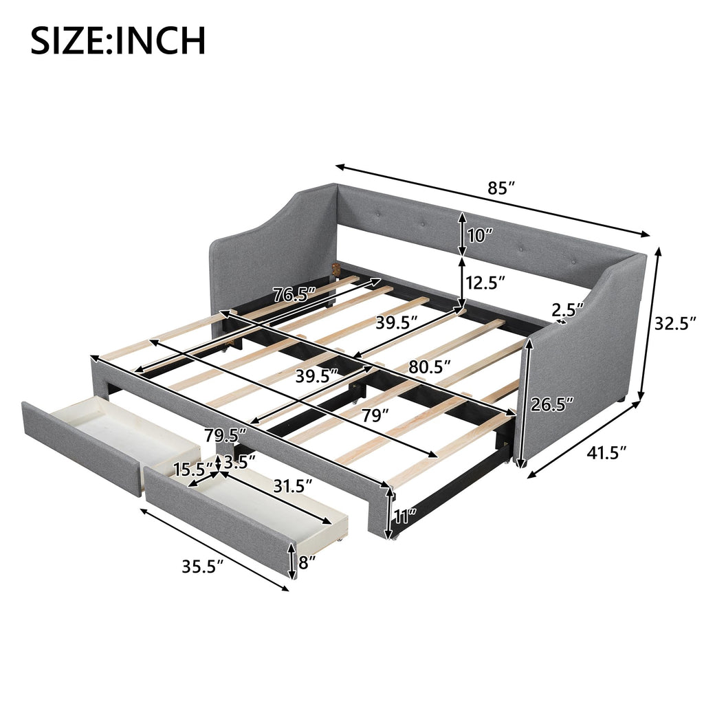Upholstered Twin XL to King Size Daybed with Pop Up Trundle K36748