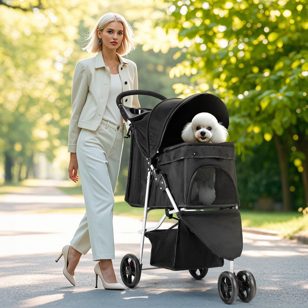 3 Wheels Pet Stroller with Storage Basket and Cup Holder, Black O89988