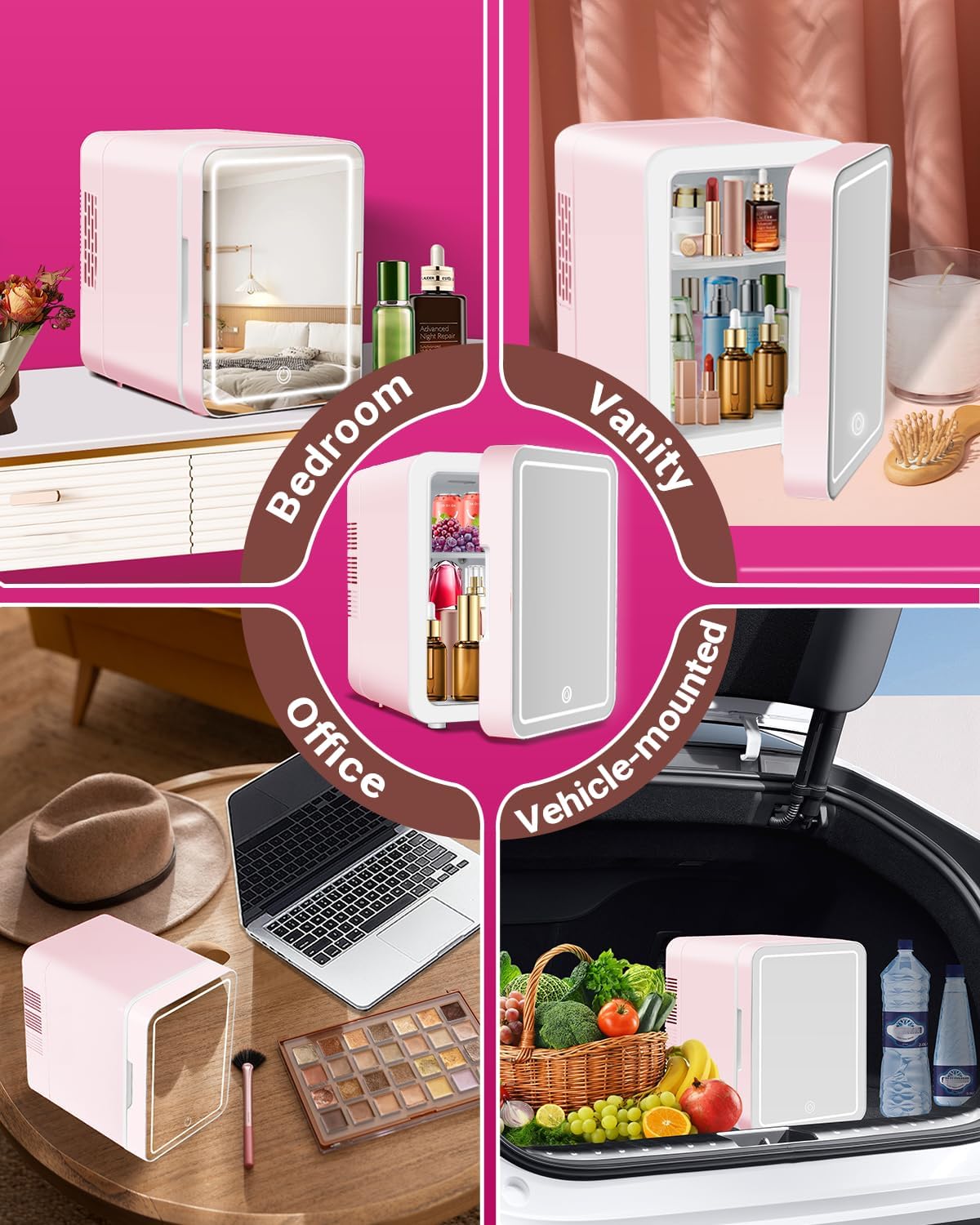4-Liter Pink Portable Mini Fridge with Mirrored Door Y671