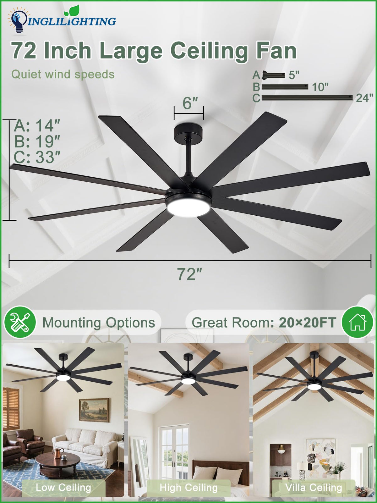 Black 72in Ceiling Fan with Lights J555