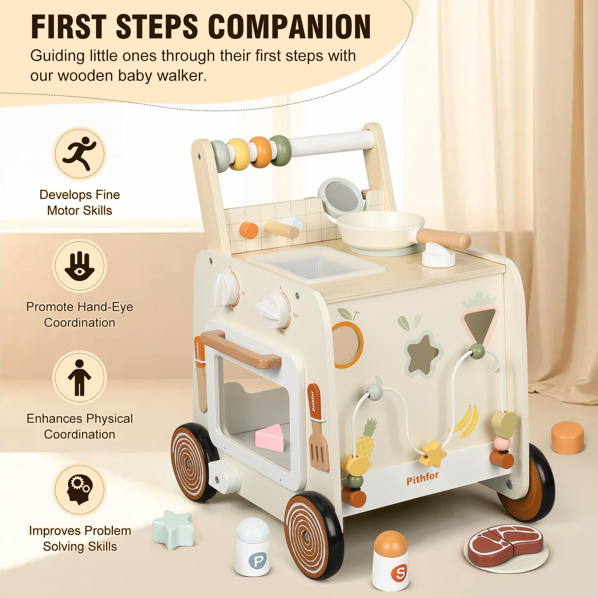 Wooden Baby Push Walker with Pretend Kitchen B865