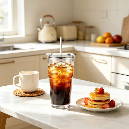 20 oz Iced Coffee Cups with Lids and Straw, Set of 4 Glass Tumbler P483596