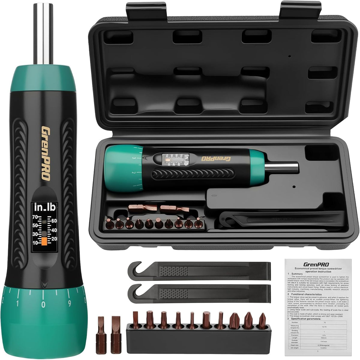 Torque Screwdriver 5-70 in-lb 1/4" Drive Precision Driver Set F2831