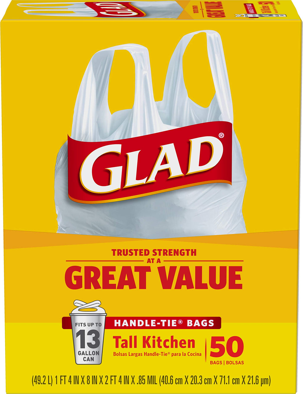 Tall Kitchen Trash Bags 13 Gallon Unscented Handle-Tie 50 Count O1888