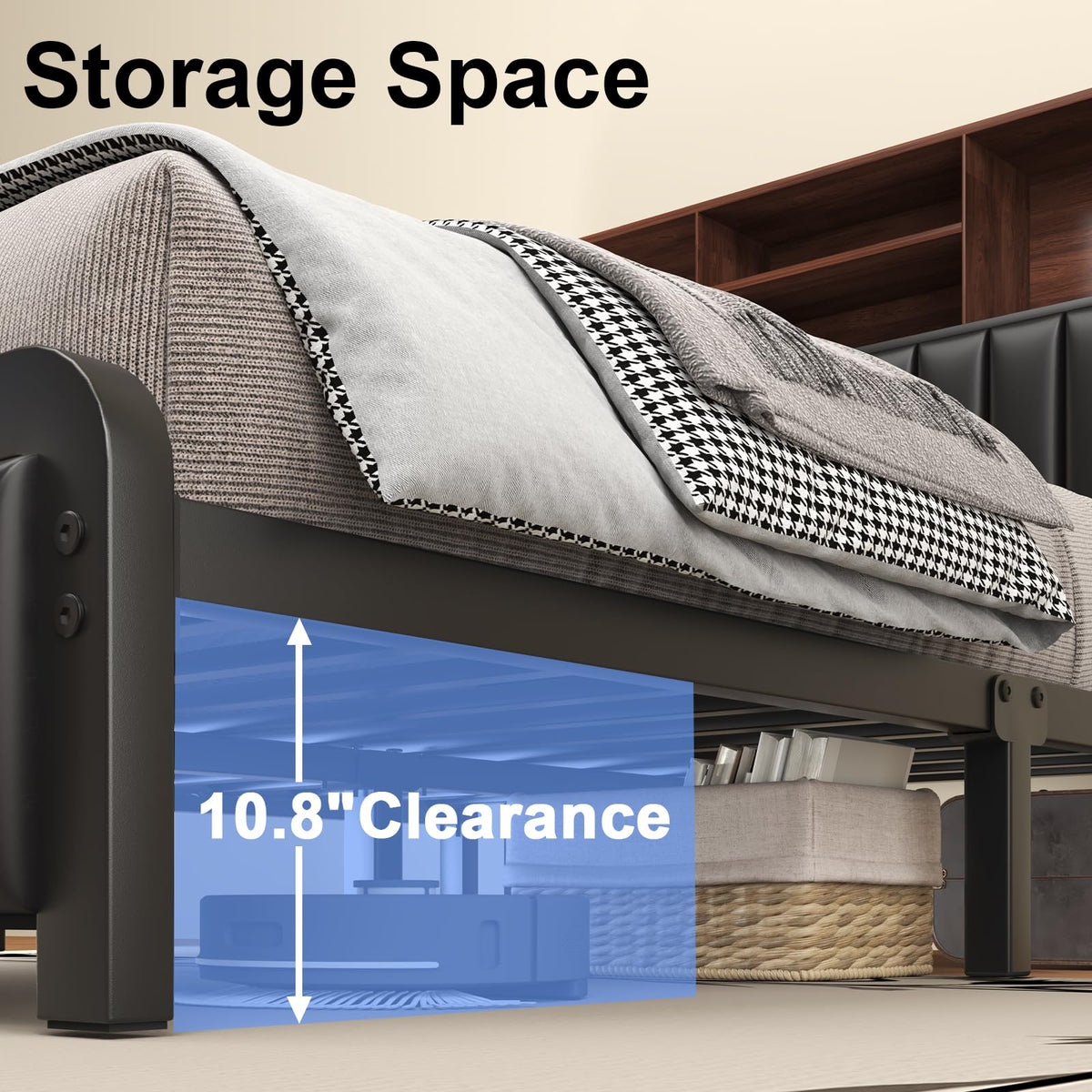 Black Full Size Bed Frame with Storage Headboard O518