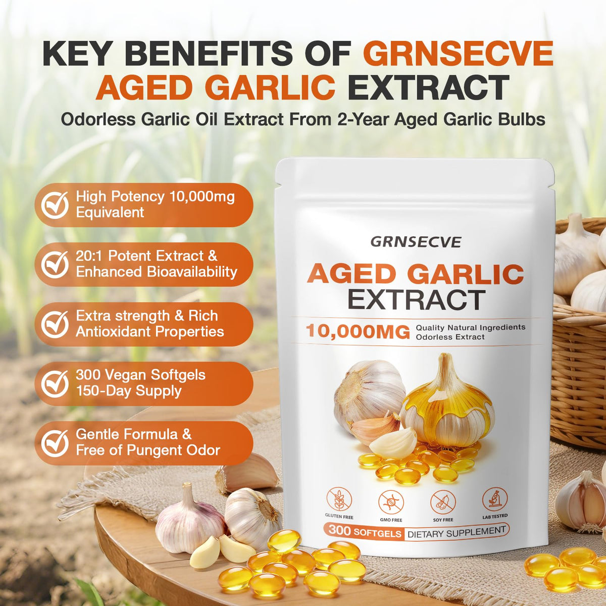 Odorless Garlic Capsules 10,000mg 300 Softgels V86942