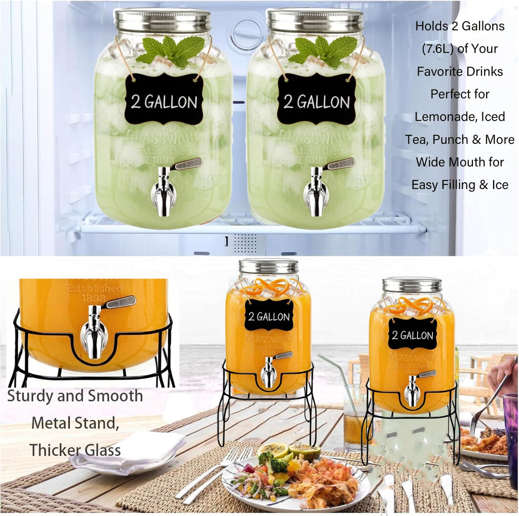 2 Gallon Glass Beverage Dispenser with Stand, Lid & Ice Core I875