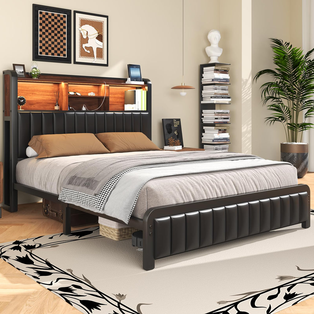 Black Full Size Bed Frame with Storage Headboard O518