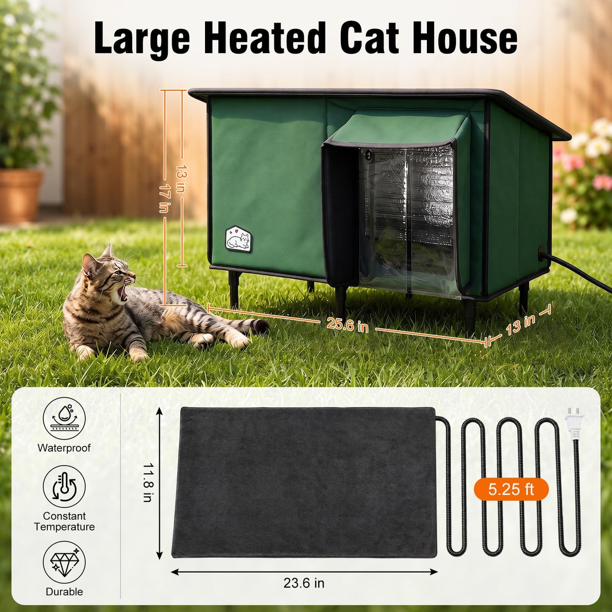 Weatherproof Insulated Heated Cat House with Heating Pad N8738
