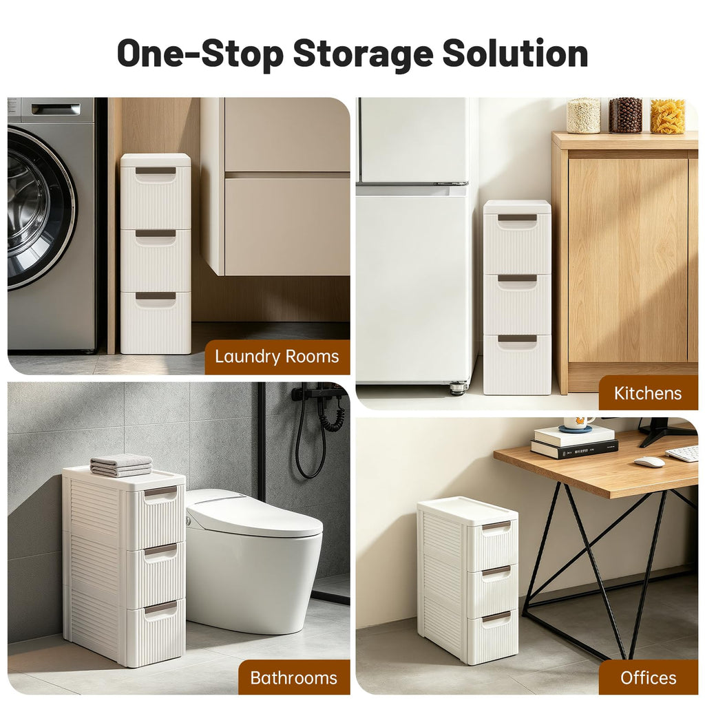 3 Drawers Narrow Plastic Storage Cabinet on Wheels D8909