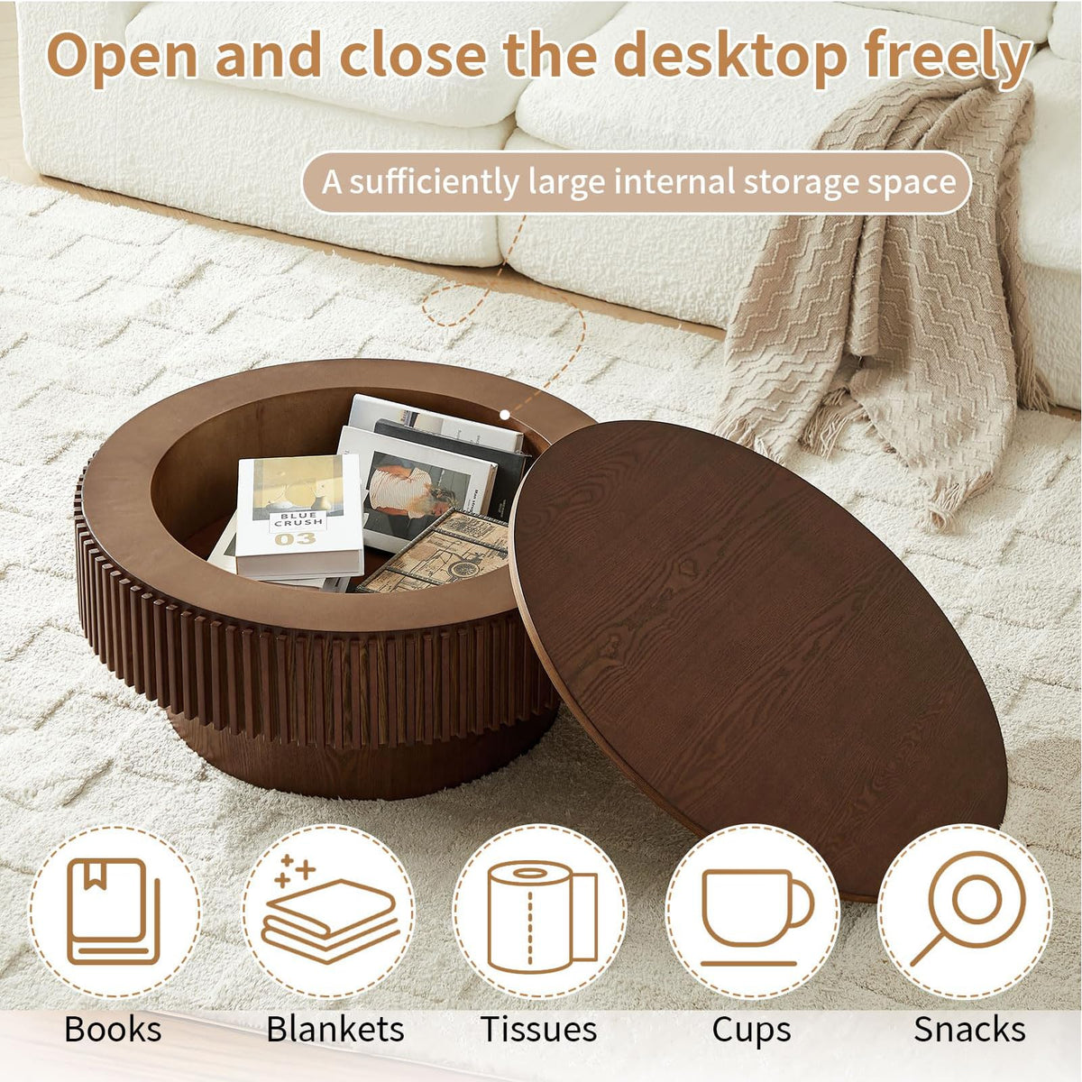Walnut Round Fluted Coffee Table with Storage G37663
