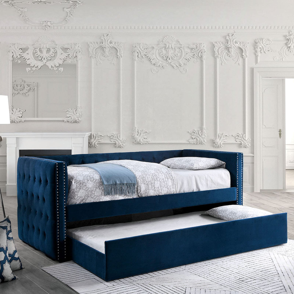 Navy Daybed with Trundle Button Tufted Upholstery E993