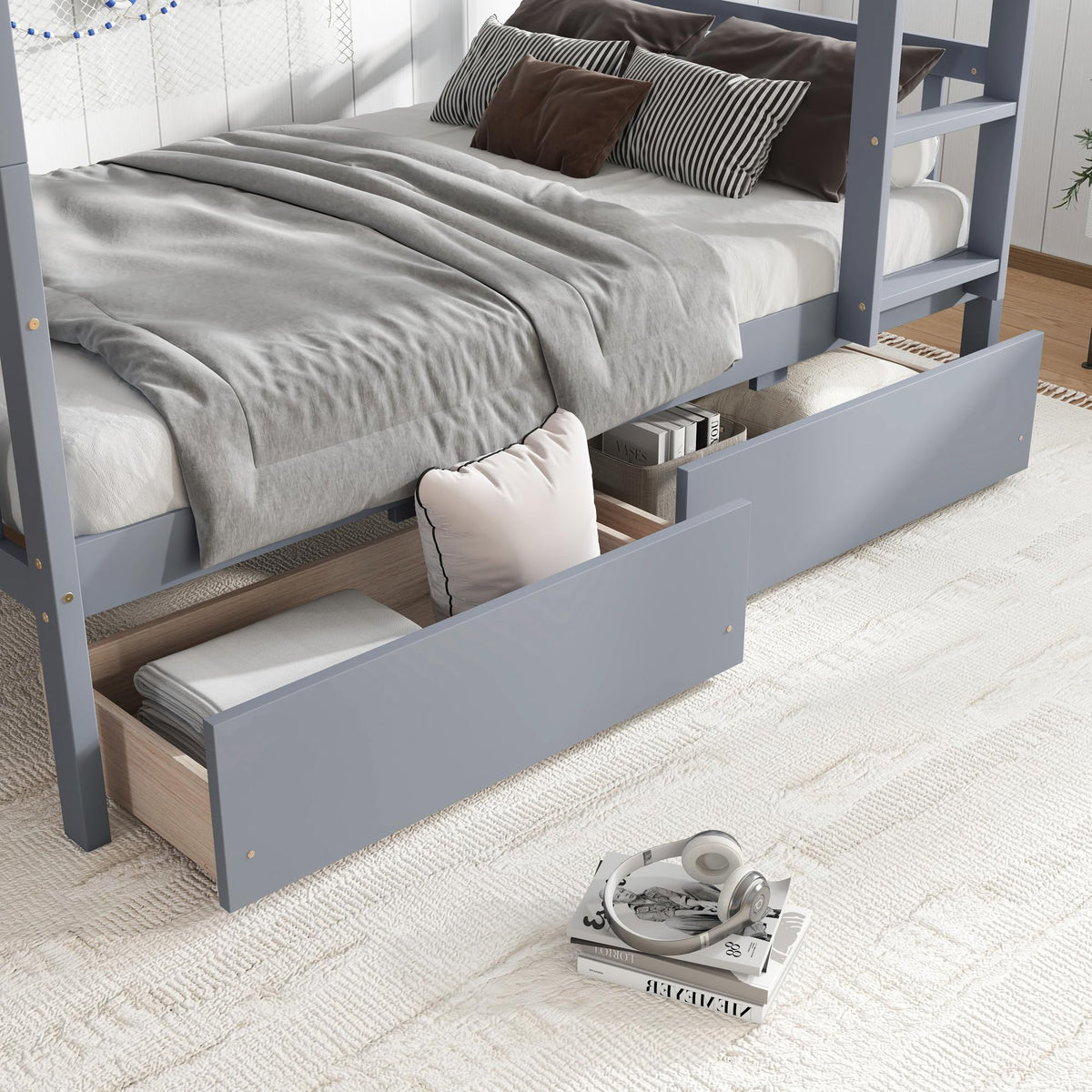 Twin Over Twin Bunk Bed with Storage Drawers Grey N407