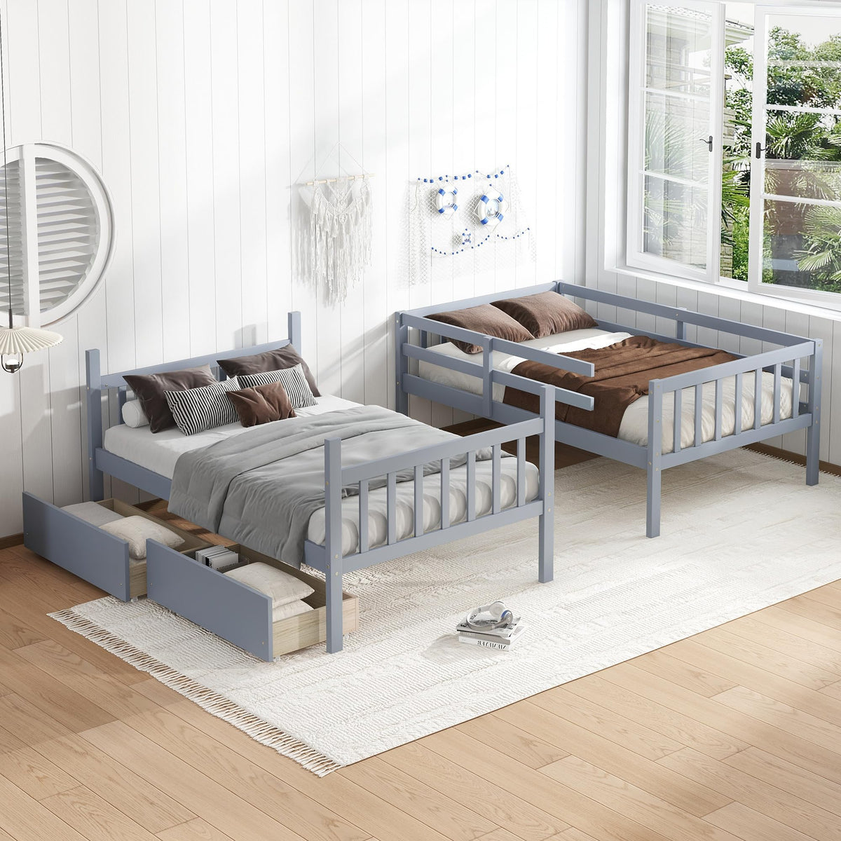 Twin Over Twin Bunk Bed with Storage Drawers Grey N407