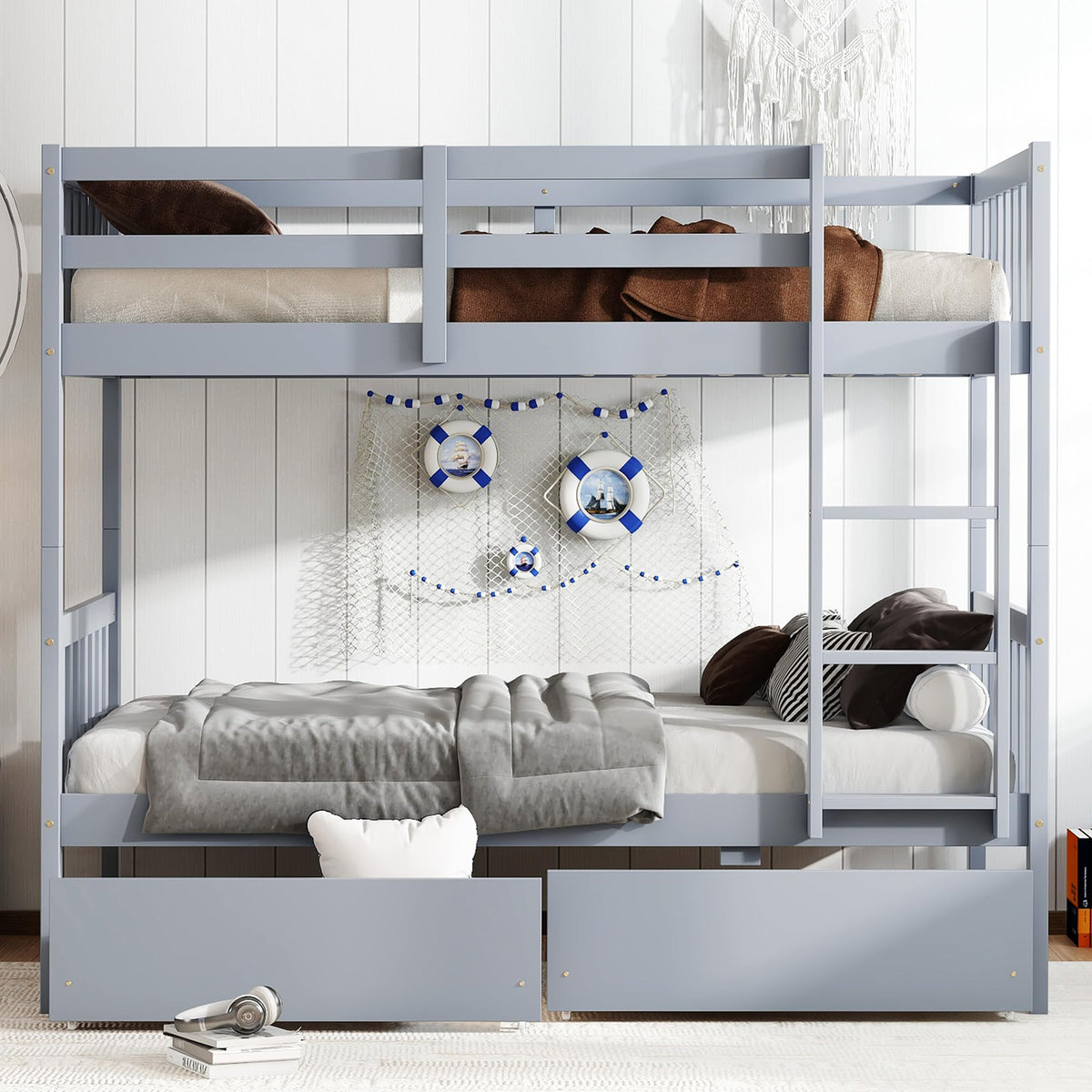 Twin Over Twin Bunk Bed with Storage Drawers Grey N407