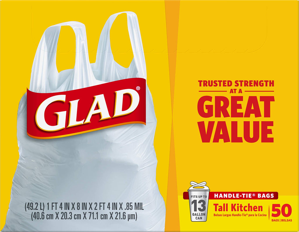 Tall Kitchen Trash Bags 13 Gallon Unscented Handle-Tie 50 Count O1888