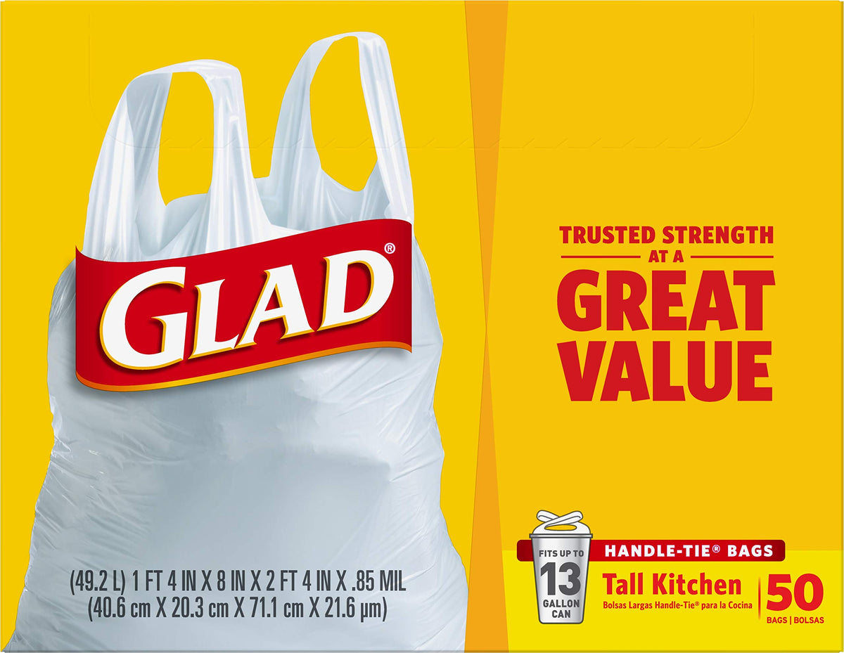 Tall Kitchen Trash Bags 13 Gallon Unscented Handle-Tie 50 Count O1888