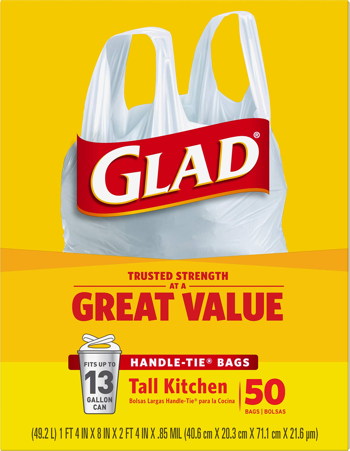 Tall Kitchen Trash Bags 13 Gallon Unscented Handle-Tie 50 Count O1888