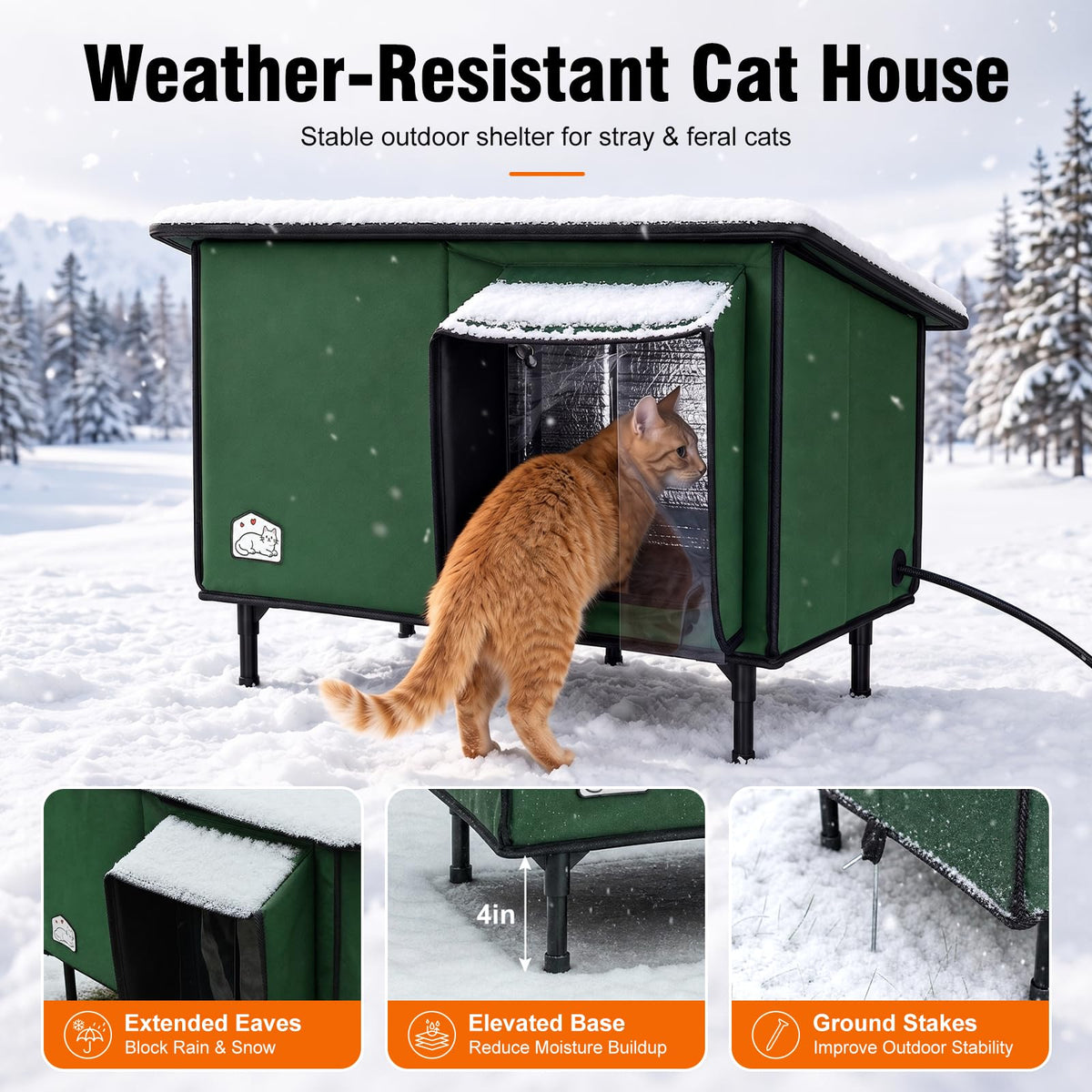 Weatherproof Insulated Heated Cat House with Heating Pad N8738