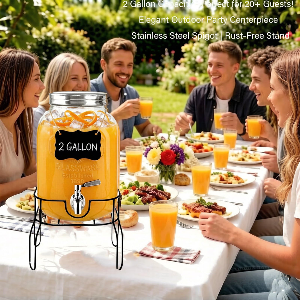 2 Gallon Glass Beverage Dispenser with Stand, Lid & Ice Core I875