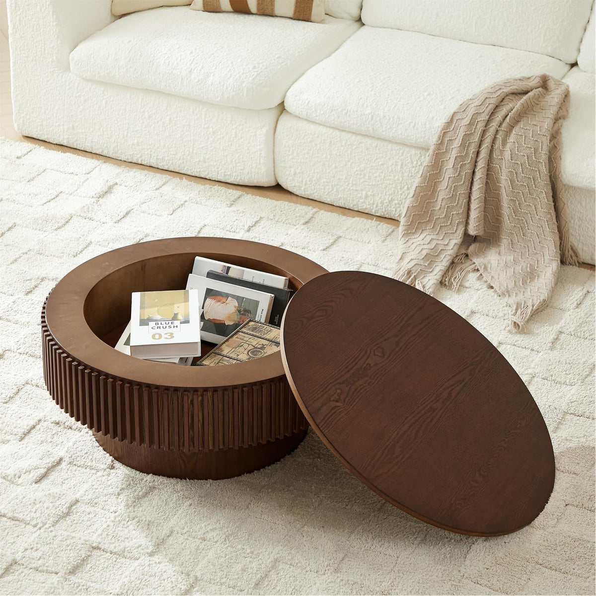 Walnut Round Fluted Coffee Table with Storage G37663