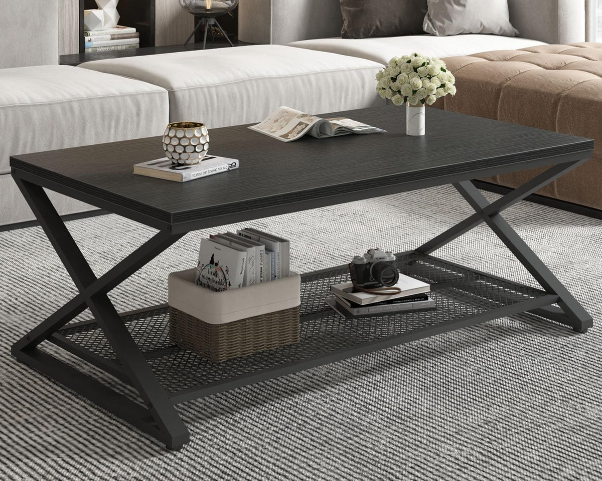 Black 2 Tier Wood Coffee Table with Storage F389865