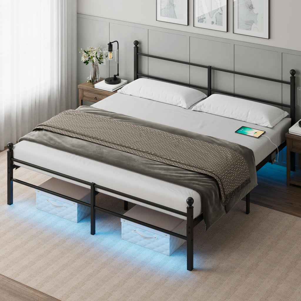 Black King Size Metal Platform Bed Frame with Headboard P392