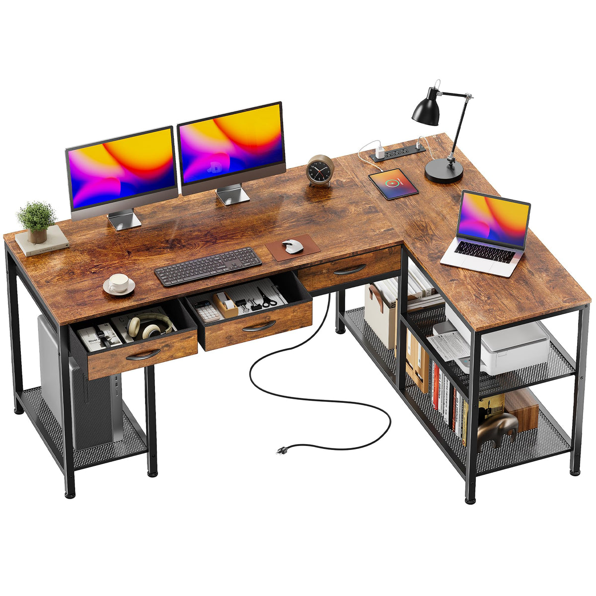 55 Inch L Shaped Office Desk with Power Outlets and Type-C Port U5675